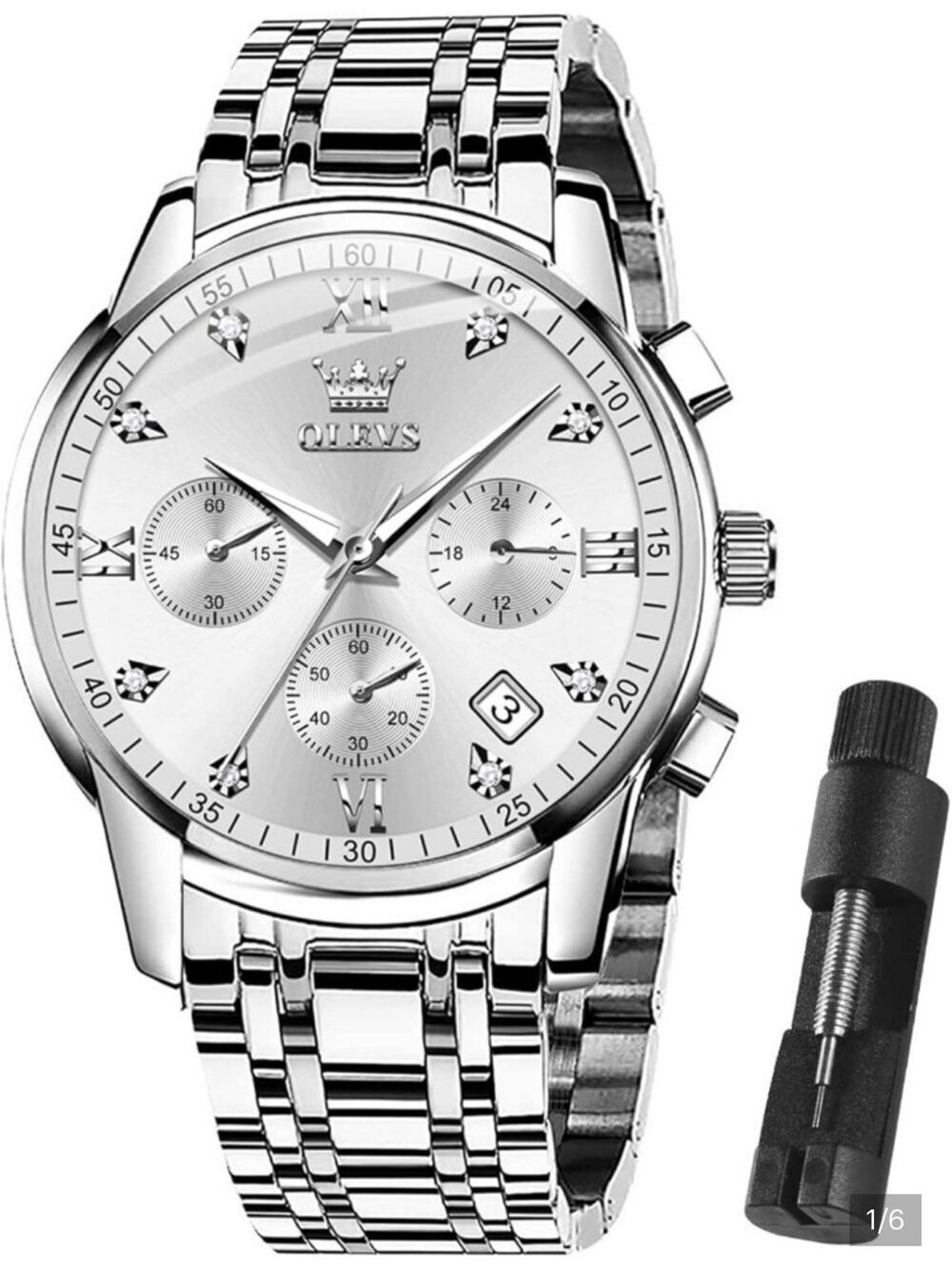 NWT Olevs Men's Silver WHITE FACE MULTI FUNCTION Chronograph Watch